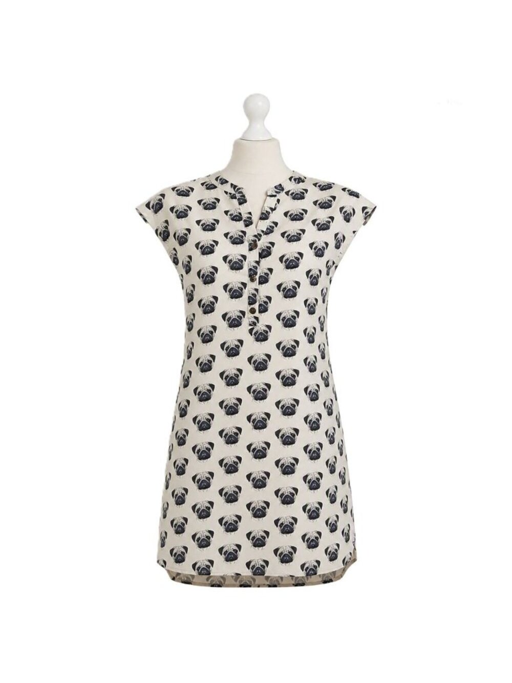 Pug Dog Print Tunic Dress Pockets & Waist Tie - SM Wardrobe - Beige & Black - M